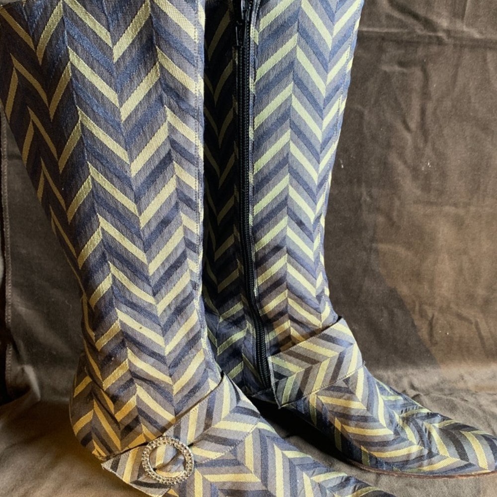 COPY - Adriana Caras kitten heel boots silk jacquard fabric w leather lining